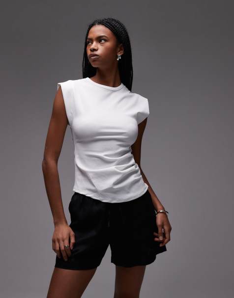 Mango cap sleeve aysmmetric crepe top in white - view 1