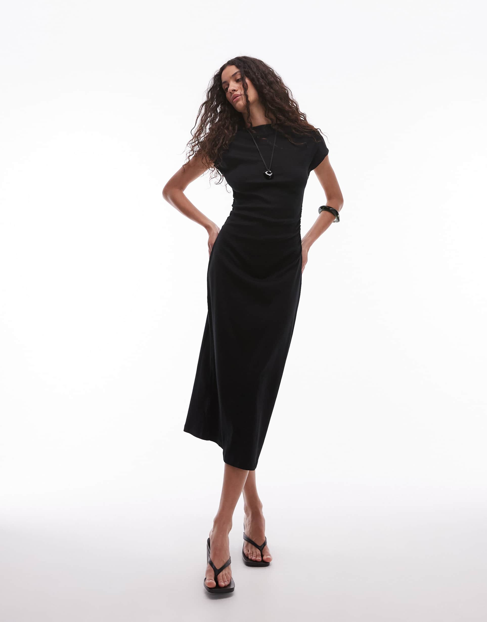 mango cap sleeve fine ribbed midi dress in black