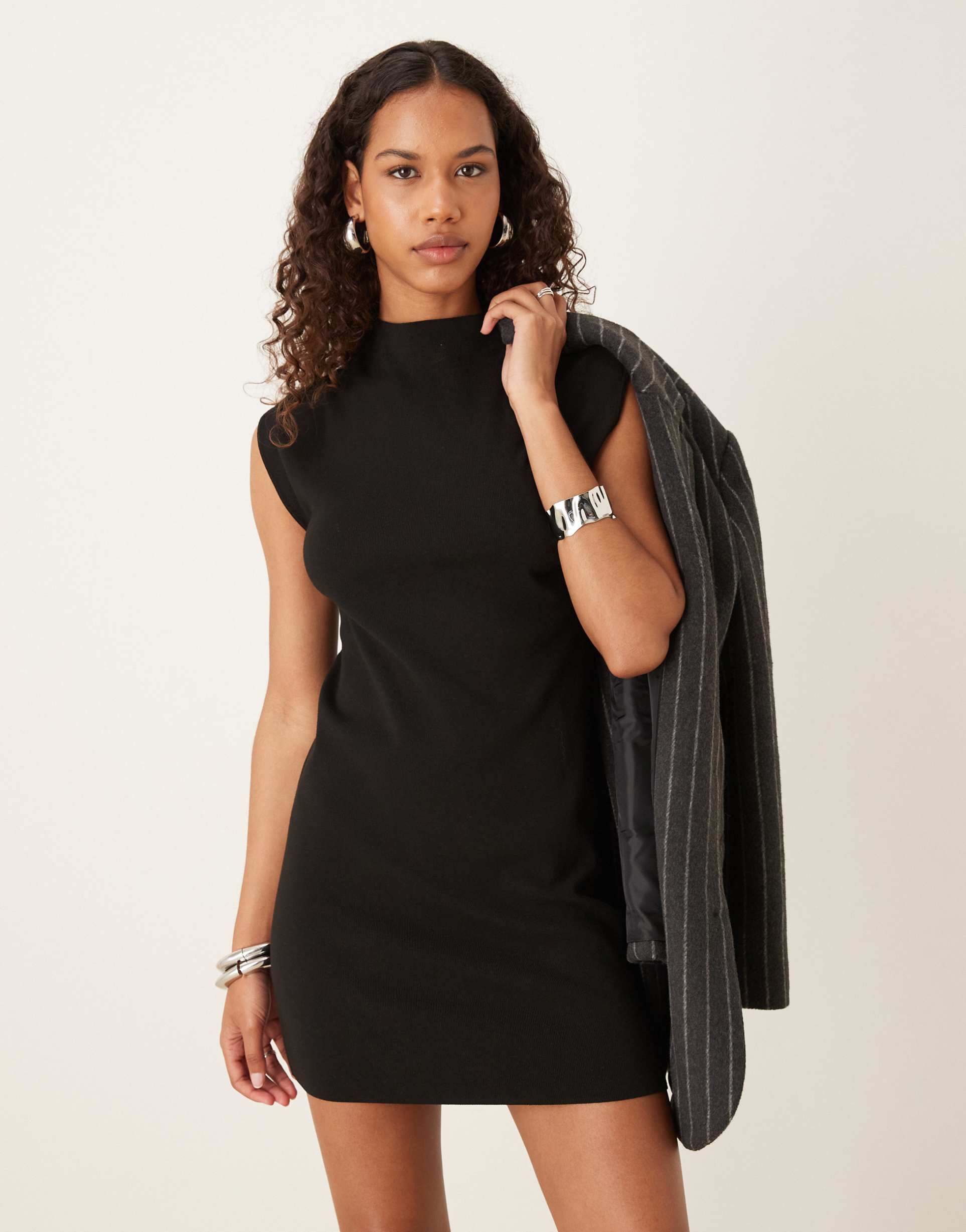 mango cap sleeve high neck mini dress in black