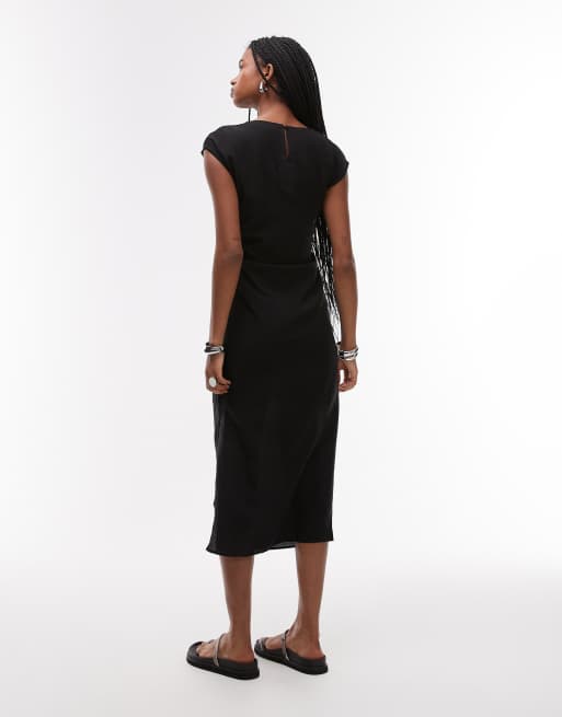 Mango cap sleeve midi dress with ruched side in black , 4 of 4
