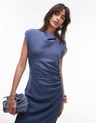 mango cap sleeve midi dress with ruched side in petrol blue