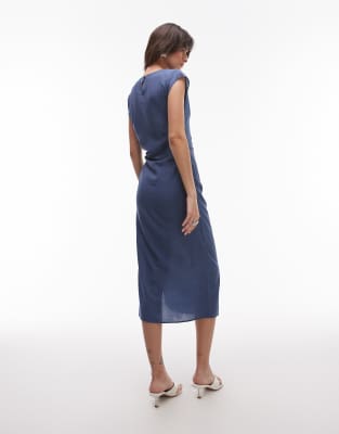 mango cap sleeve midi dress with ruched side in petrol blue