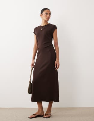 Mango Cap Sleeve Midi Dress With Ruched Waist In Brown
