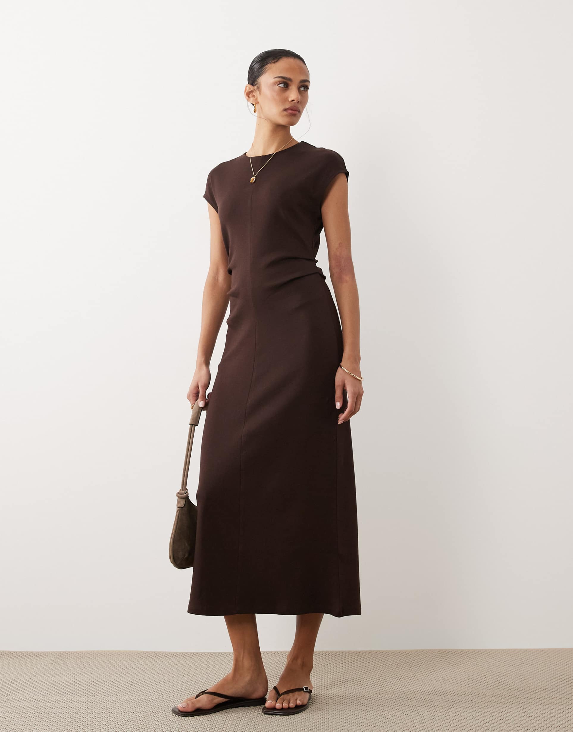 mango cap sleeve midi dress with ruched waist in brown