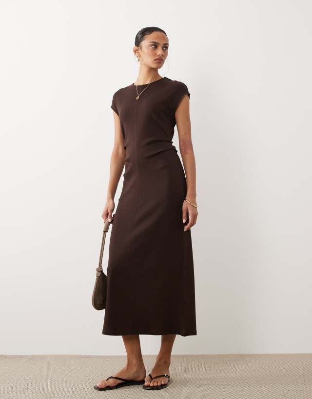 Mango cap sleeve midi dress with ruched waist in brown