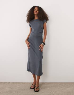 Mango Cap Sleeve Midi Dress With Ruched Waist In Gray