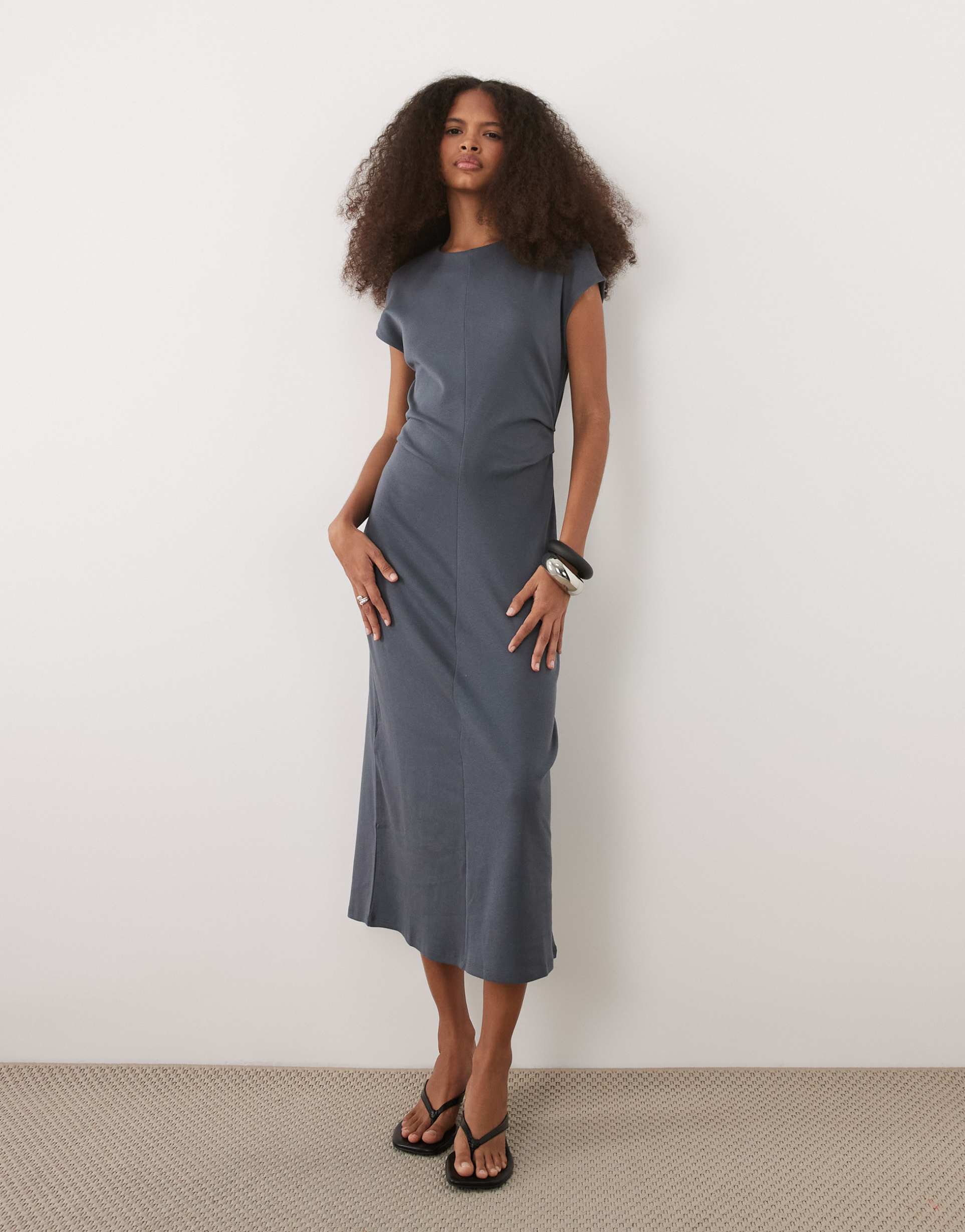 mango cap sleeve midi dress with ruched waist in dusty blue
