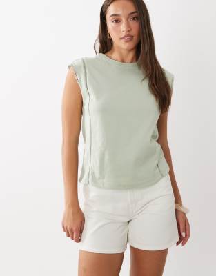 Mango Cap Sleeve Round Neck Embroidered Detail T-shirt In Green
