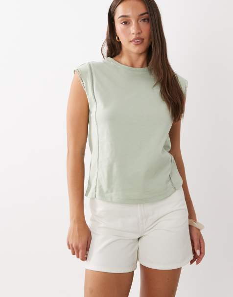Mango cap sleeve round neck embroidered detail t-shirt in sage - view 1