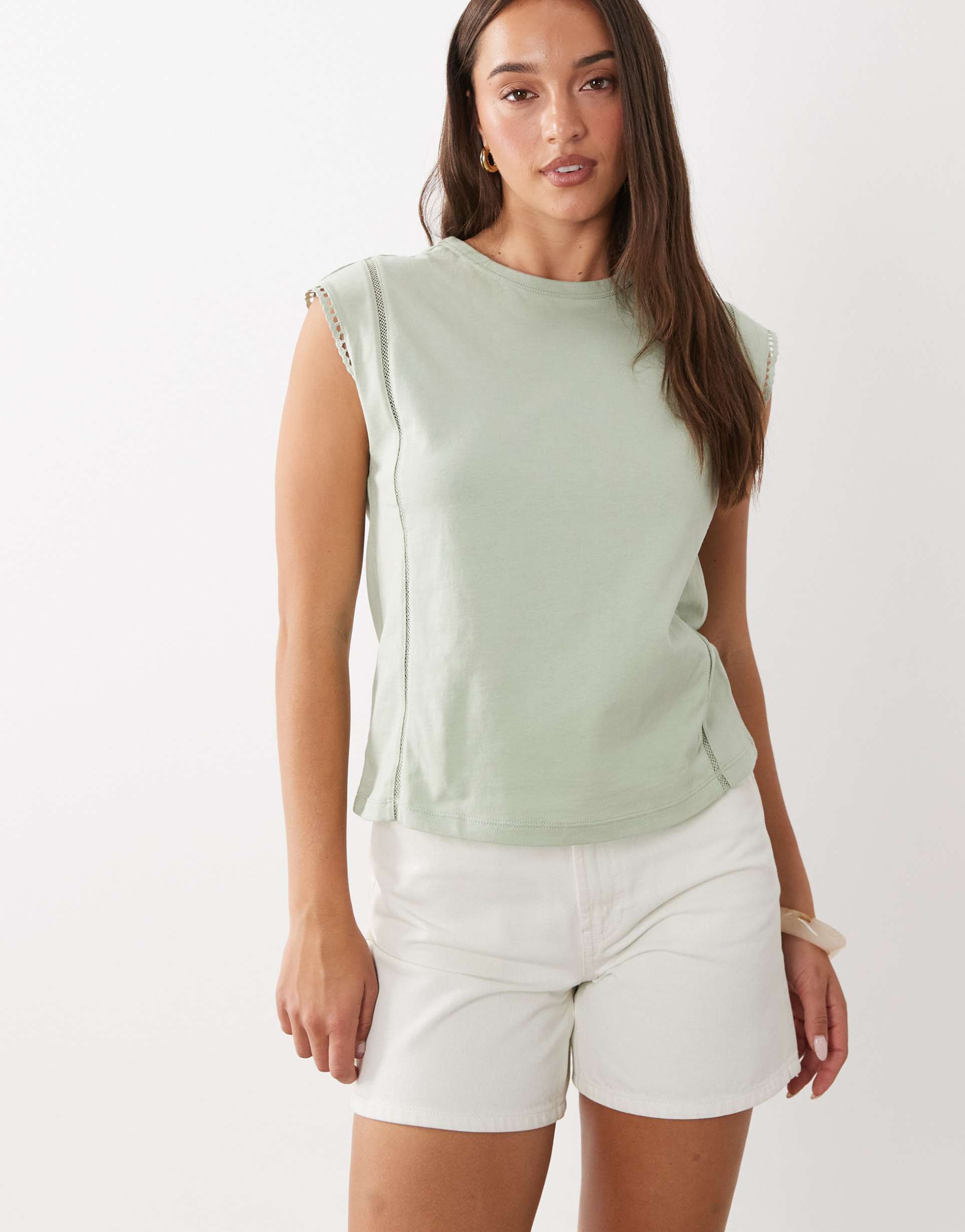 mango cap sleeve round neck embroidered detail t-shirt in sage