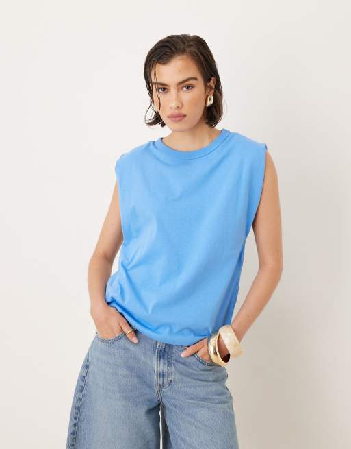 Mango cap sleeve t-shirt in aqua blue 