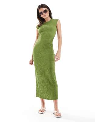 cap sleeve texture midi dress in green