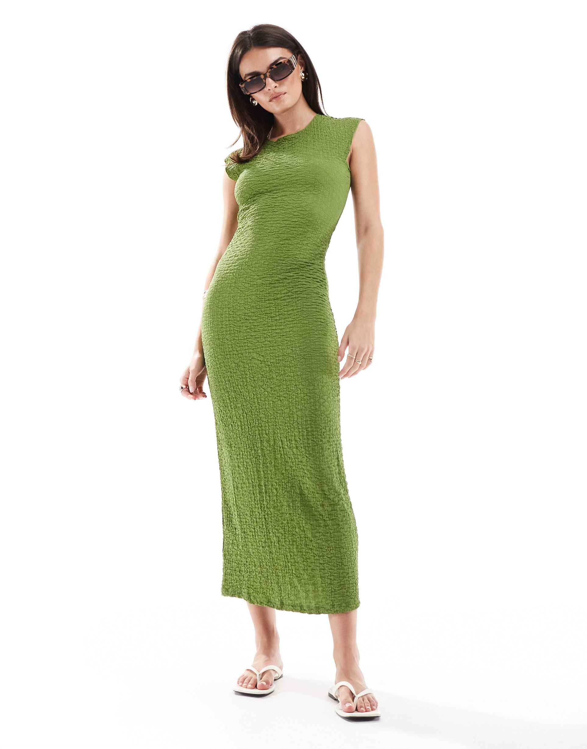 mango cap sleeve texture midi dress in green