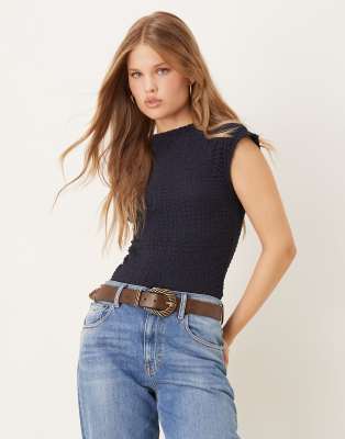 Mango Cap Sleeve Textured Sleeveless Top In Blue