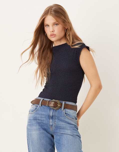 Mango cap sleeve textured sleeveless top in navy - view 1