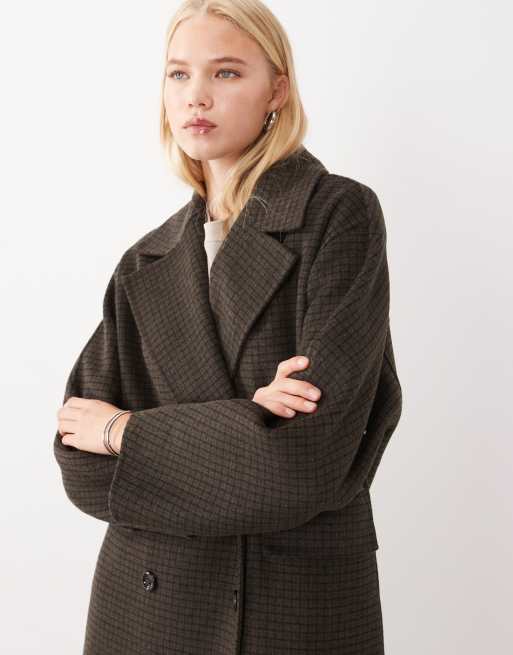 Mango cappotto midi doppiopetto in misto lana a quadri marroni, 3 di 4