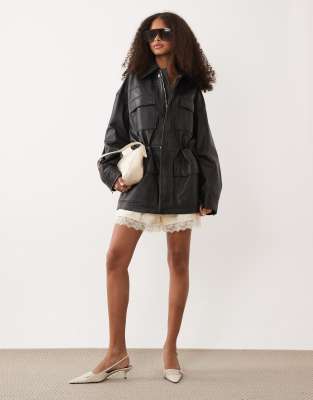 Mango Capsule 100% Leather Cinched Waist Jacket In Black