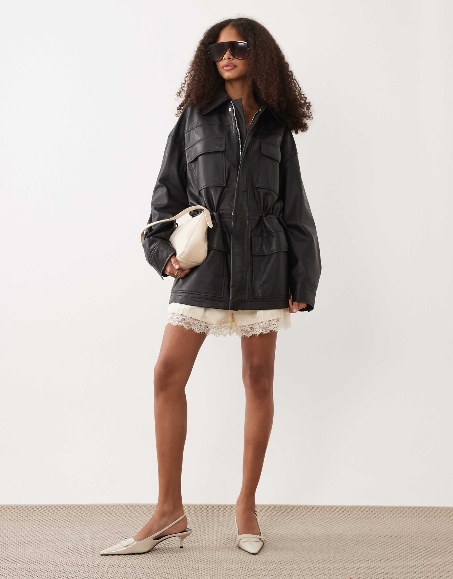 mango capsule 100% leather cinched waist jacket in black