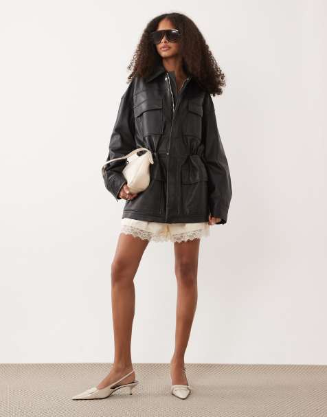 Mango Capsule 100% leather cinched waist jacket in black