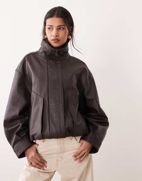 Mango Capsule 100% leather funnel neck jacket in chocolate - view 1