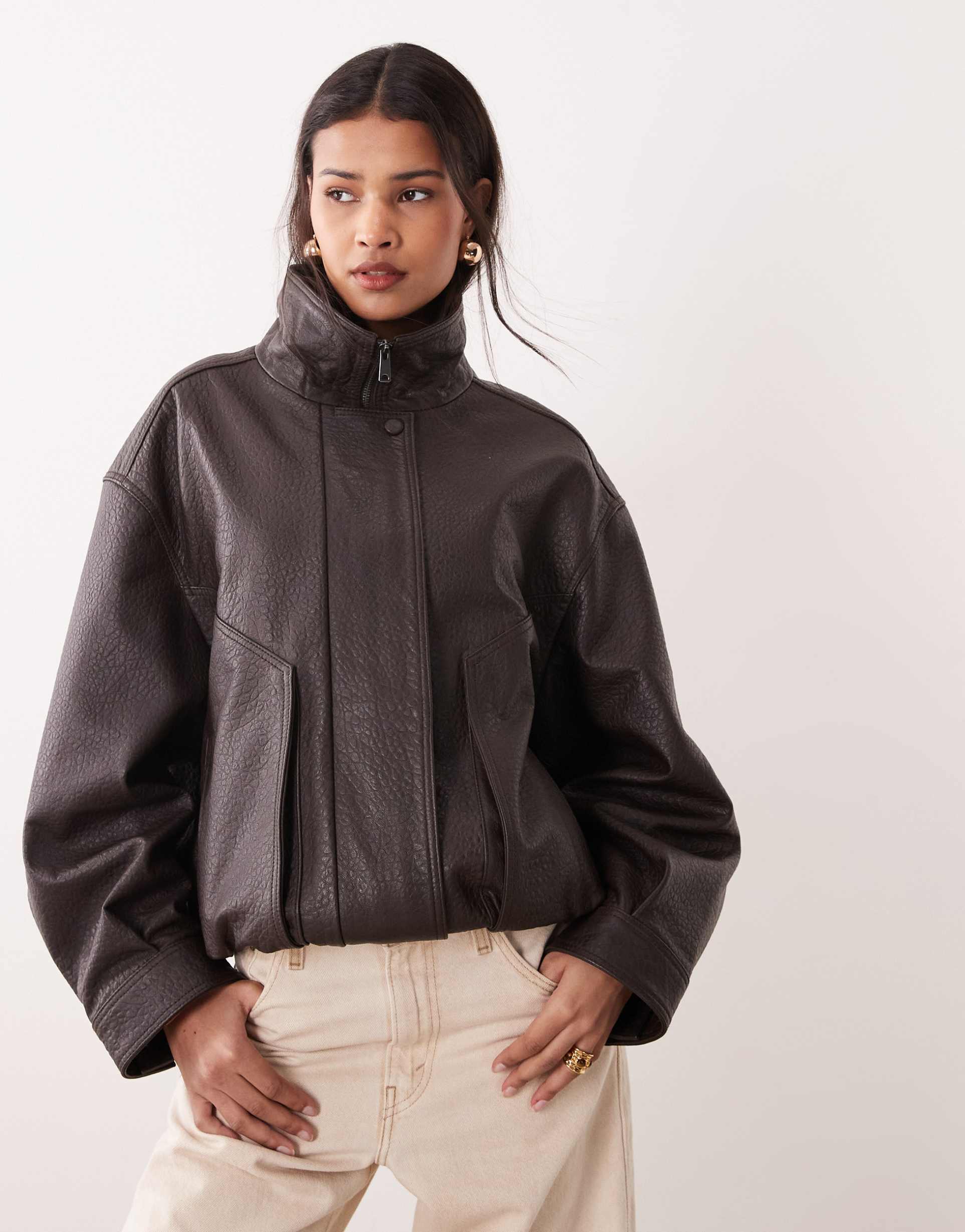 mango capsule 100% leather funnel neck jacket in chocolate