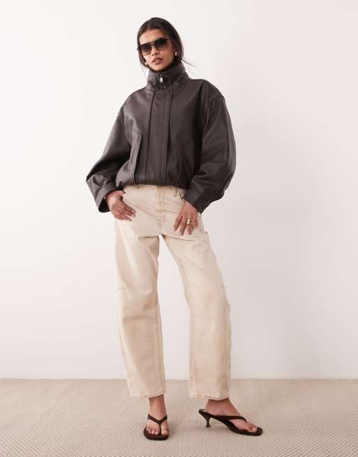 Mango Capsule 100% leather funnel neck jacket in chocolate, 2 of 4