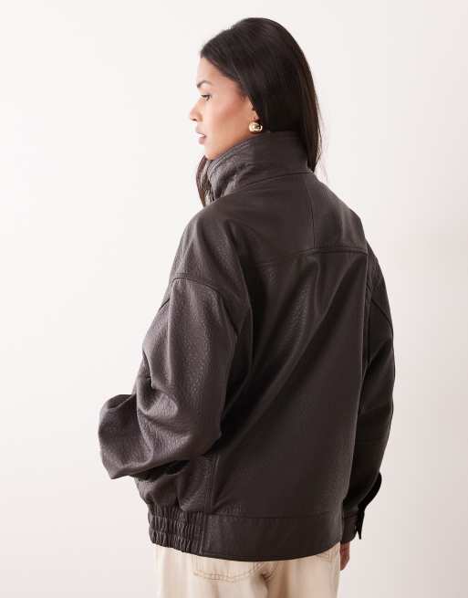 Mango Capsule 100% leather funnel neck jacket in chocolate, 4 of 4