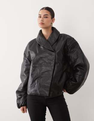 Mango Capsule 100% Leather Padded Funnel Neck Jacket In Black