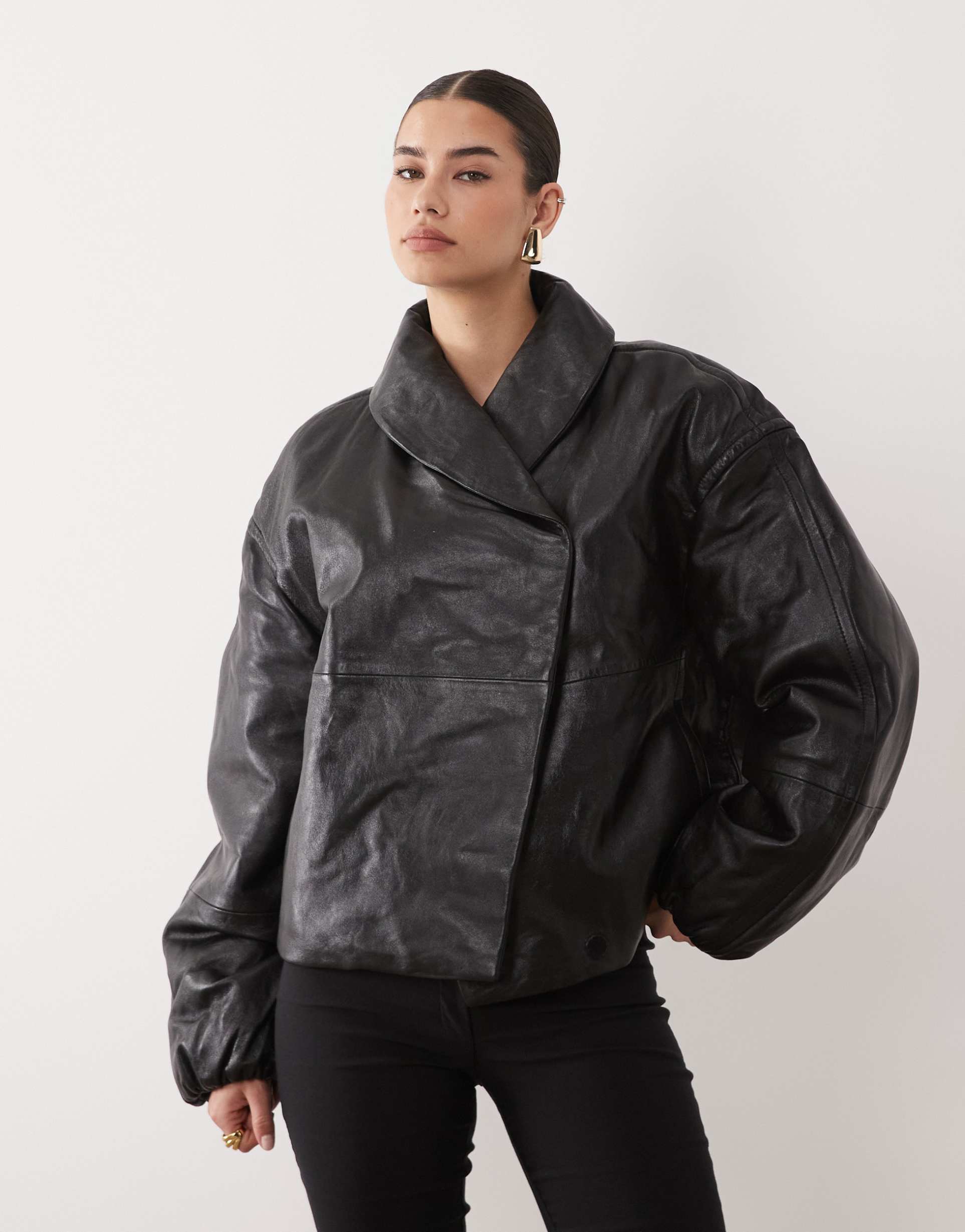 mango capsule 100% leather padded funnel neck jacket in black