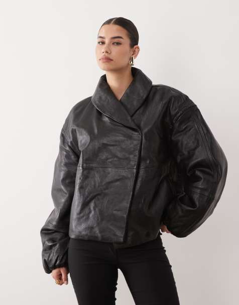 Mango Capsule 100% leather padded funnel neck jacket in black