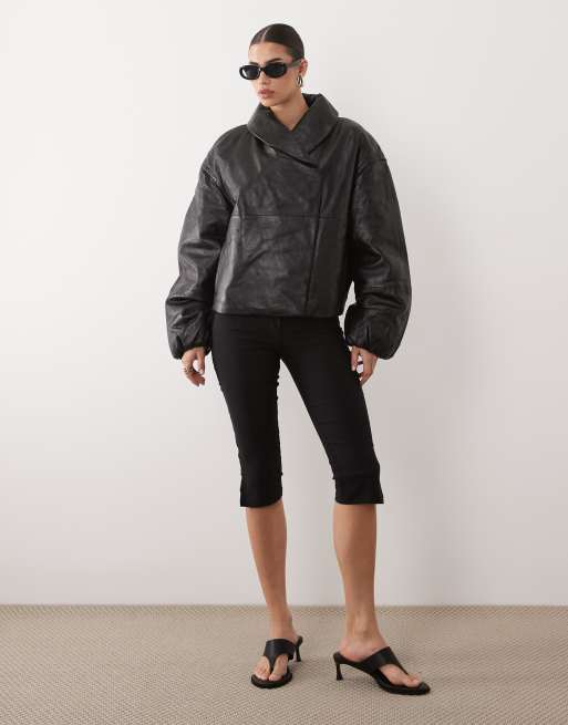 Mango Capsule 100% leather padded funnel neck jacket in black, 2 of 4