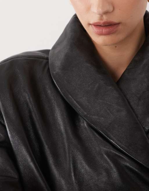 Mango Capsule 100% leather padded funnel neck jacket in black, 3 of 4