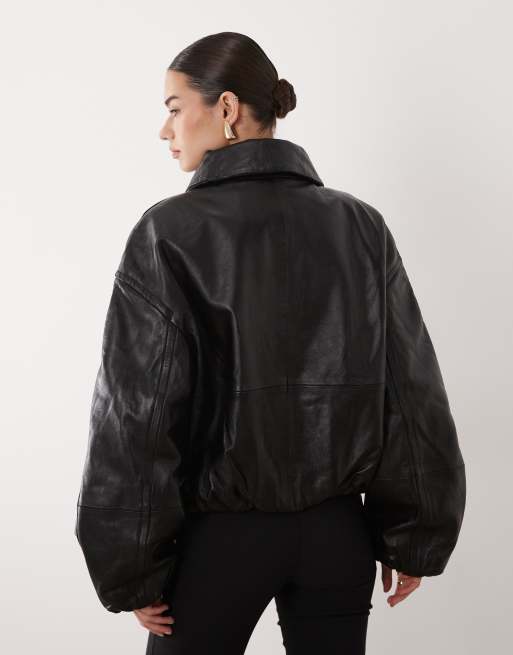 Mango Capsule 100% leather padded funnel neck jacket in black, 4 of 4