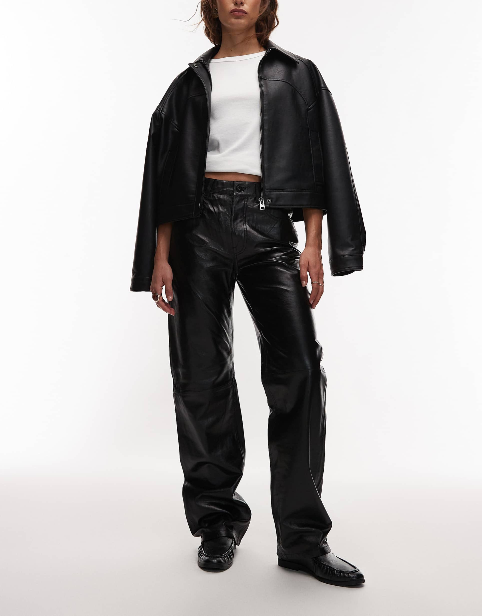 mango capsule 100% leather straight pants in black