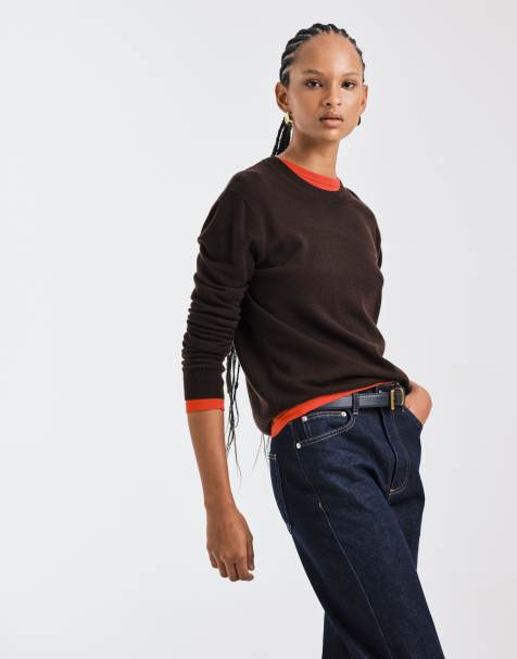 Mango Capsule 100% wool crew neck jumper in brown - view 1