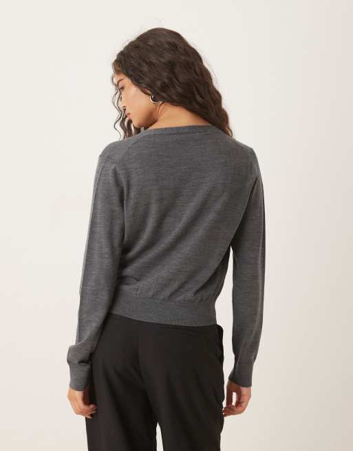 Mango Capsule 100% wool v neck cardigan in grey, 4 of 4