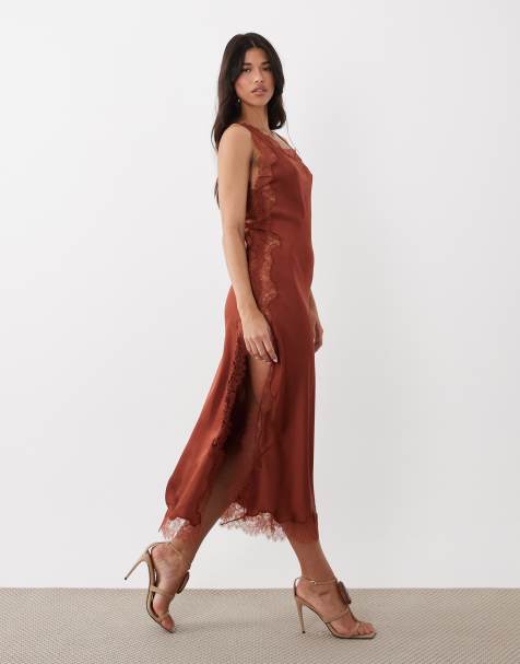 Mango Capsule asymmetric satin midi dress with lace trim in terracotta - view 1
