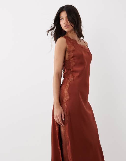 Mango Capsule asymmetric satin midi dress with lace trim in terracotta, 2 of 4