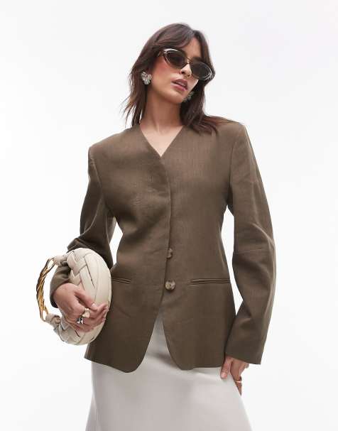 Mango – Capsule – Blazer aus Leinenmix in Olivgrün mit Taillen-Abnähern und Strukturmuster - view 1