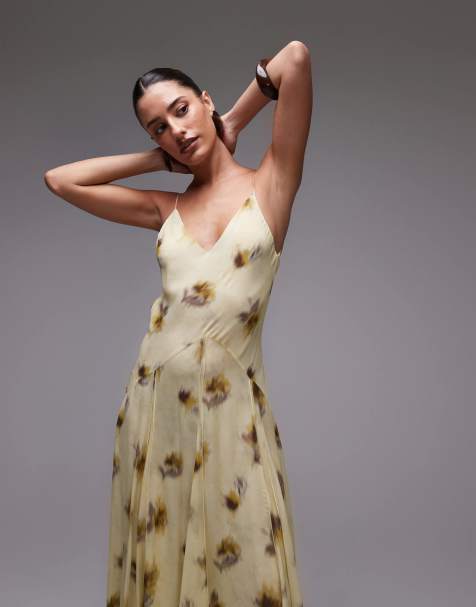 Mango capsule chiffon maxi dress with godetes in yellow floral print 