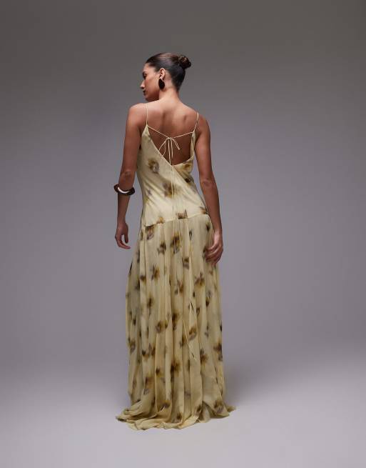 Mango capsule chiffon maxi dress with godets in yellow floral print | ASOS