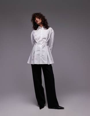 Capsule cinched waist structured long shirt in white