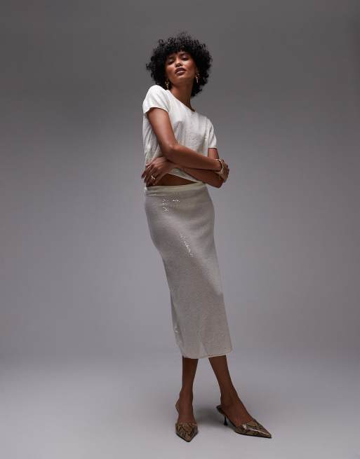 Mango - Capsule - Co-ord set met midi rok en T-shirt met versiering in oesterwit