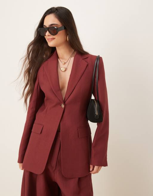 Mango - Capsule - Co-ord set van linnenmix met broek met wijde pijpen en blazer in wijnrood