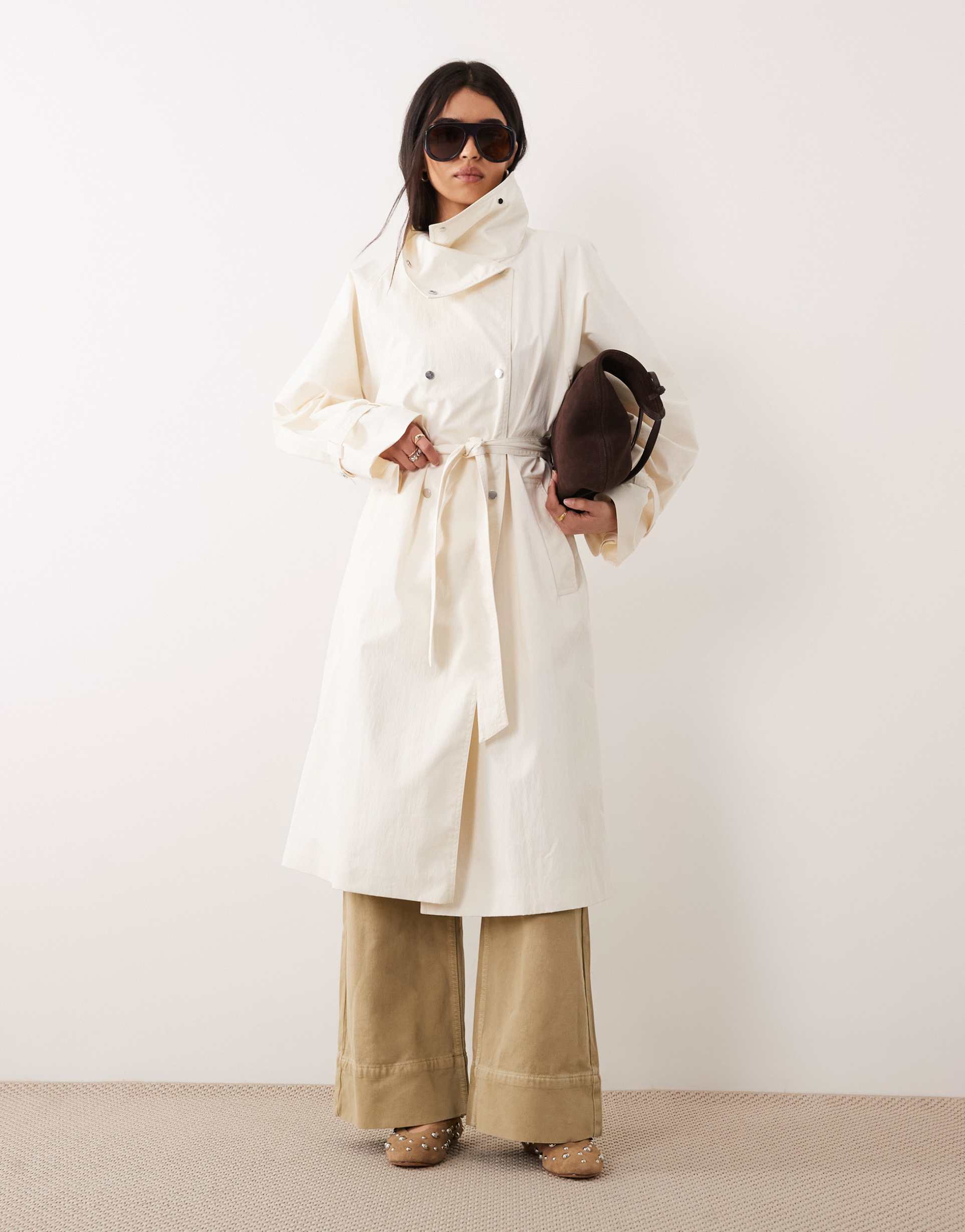 mango capsule cotton rich funnel neck trench coat in cream
