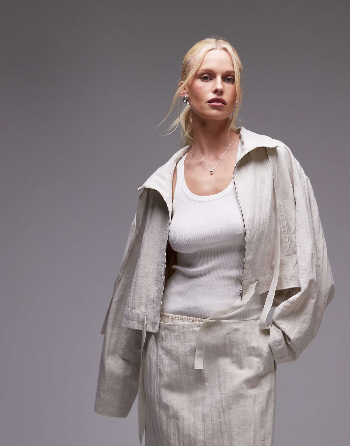 Mango capsule crushed rami zip through jacket co-ord in ivory