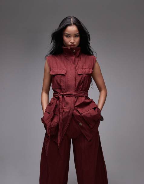 Mango capsule crushed texture longline sleeveless shirt in dark red - view 1