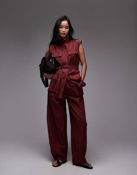 Mango capsule crushed texture sleeveless shirt and wide leg trouser co-ord in burgundy - view 1