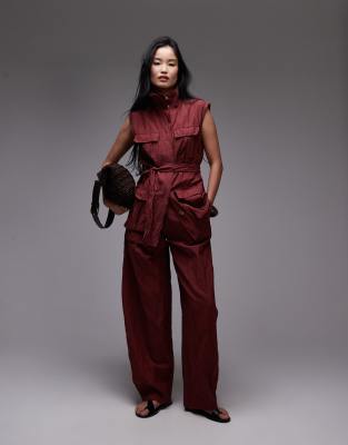 capsule crushed textured cotton wide leg pants in burgundy - part of a set