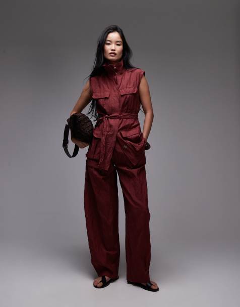 Mango capsule crushed textured cotton wide leg trouser co-ord in burgundy